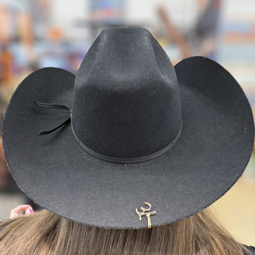 Black cowboy hat with a brand brim clip worn by a person, blurred background