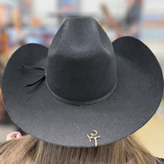 Black cowboy hat with a brand brim clip worn by a person, blurred background